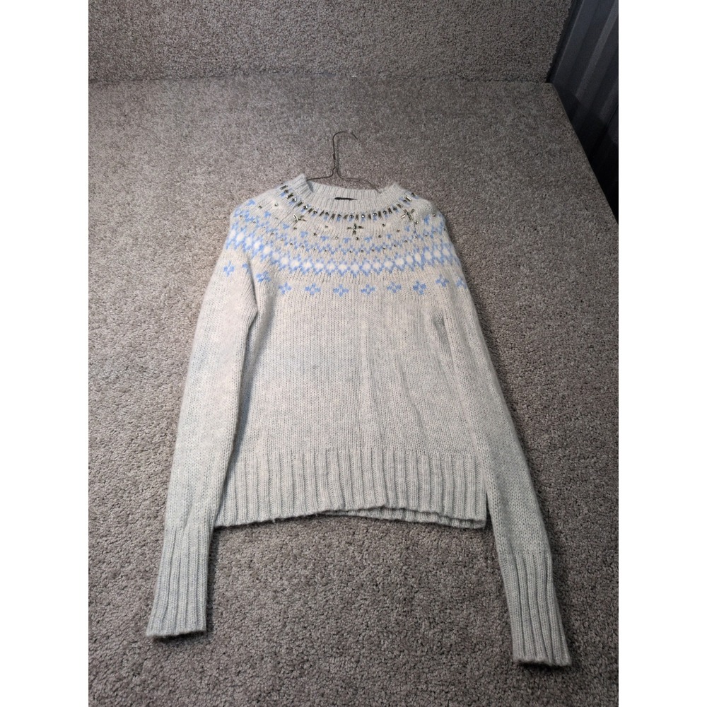 J.Crew XXS Gray Blue Fair Isle Rhinestone Embellished Wool Alpaca Blend‎ Sweater